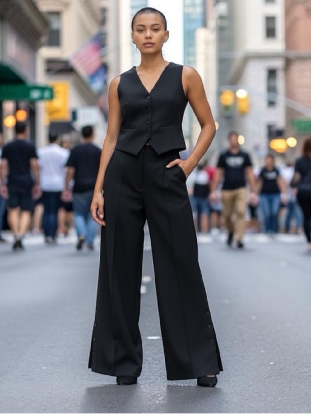 NWT Tailored Black Pants and Vest Set with Satin Button Details Size Small/Med